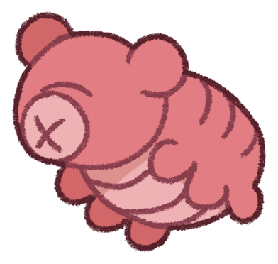 a tardigrade-like creature with piggy coloration; it has a cartoony pig-like face with no eyes and six nubby legs.