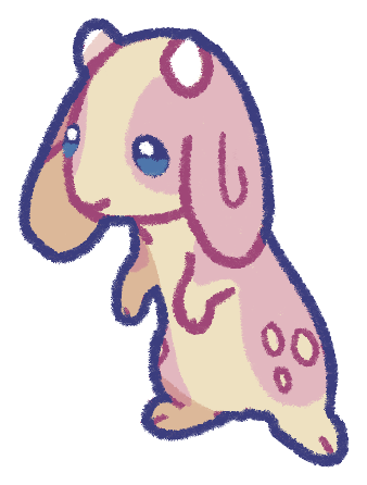 a soft pink bipedal creature with droopy ears and nubby horns