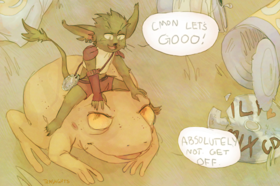 a fluffy goblin atop a frog; litter scattered about indicates that the pair is only slightly larger than a soup can. goblin says, let's go! and the frog says, absolutely not. get off.